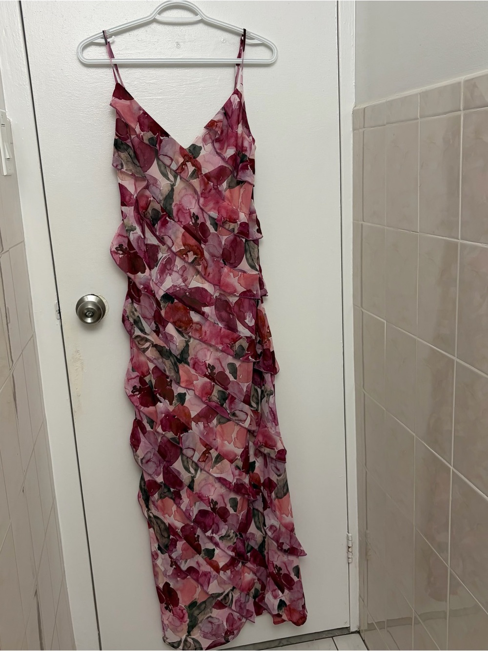 Dynamite Pink Watercolour Floral Ruffle Maxi Dress V-Neck size M